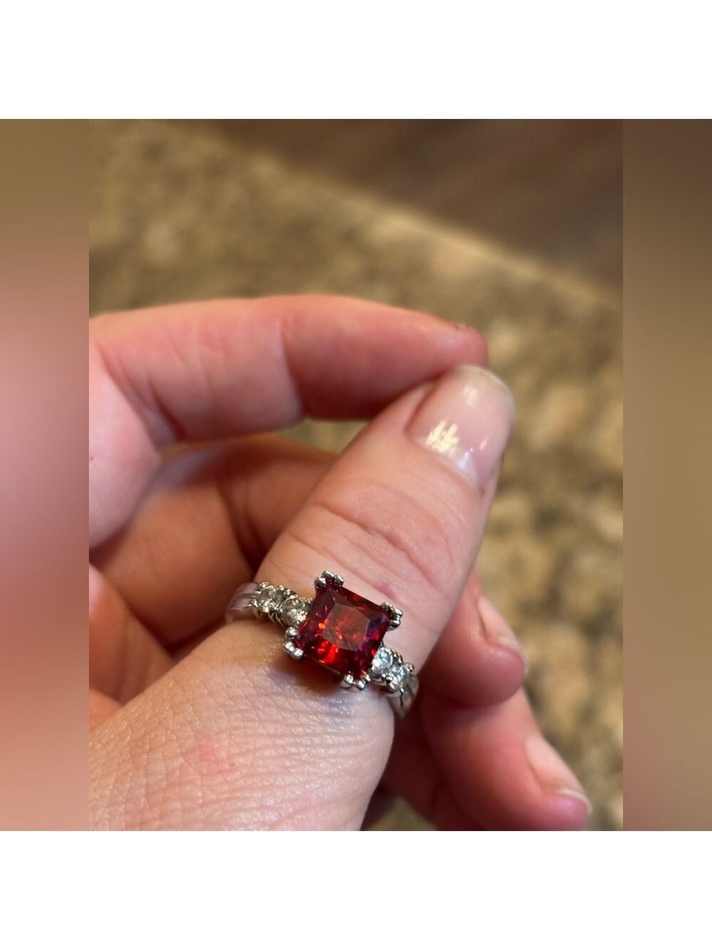 Vintage EDCO Silver-Tone Ring • Ruby Red Faceted Glass • Size 10 Cocktail Ring